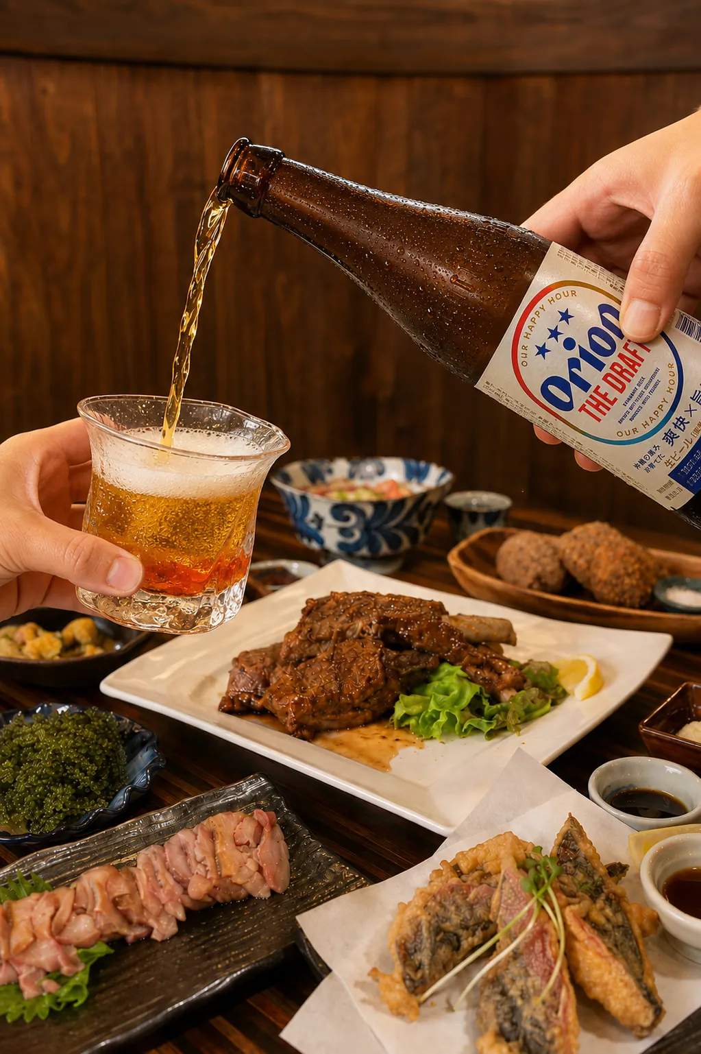 オリオンビールを注ぐ手元と沖縄料理